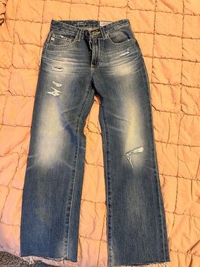 Ag Adriano Goldschmied Women's Distressed Blue Straight Leg Jeans